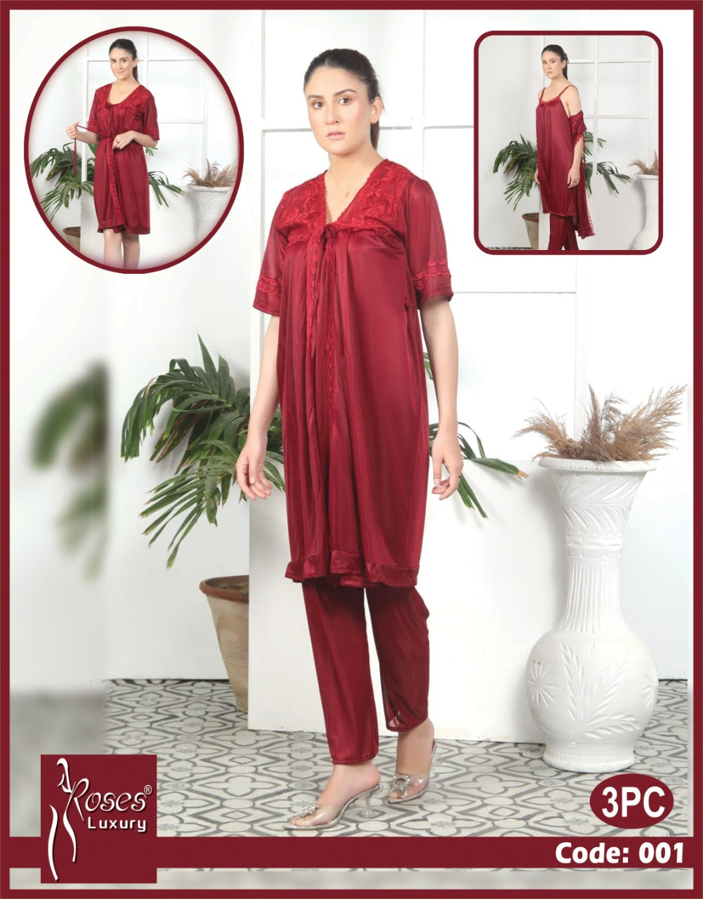 Roses Luxury 3-Piece Satin Nighty Set