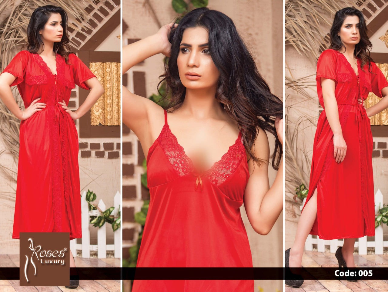 Roses Luxury 3-Piece Satin Nighty Set