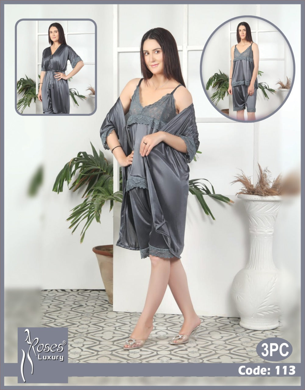 Roses Luxury 3-Piece Nightwear Set