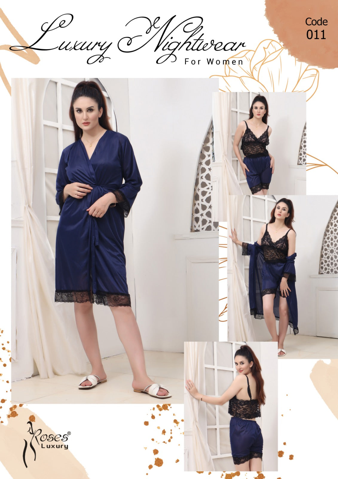 Roses Luxury 3-Piece Gown Nightwear Set